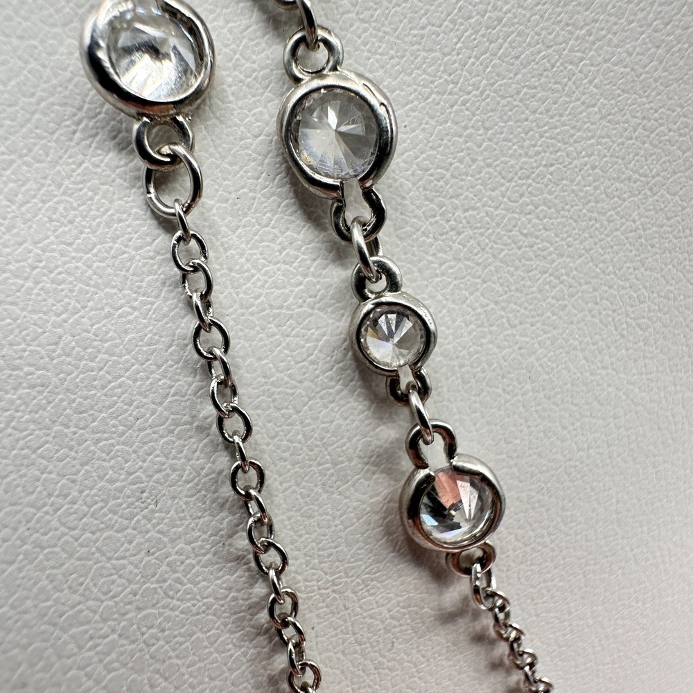 Necklace Silver Tone Double Strand Clear Rhinestone Bezel Set Statement Chain - Picture 6 of 9